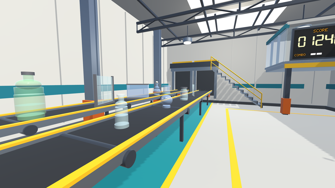 Glassware moving down the two conveyor belts toward the smashing bay