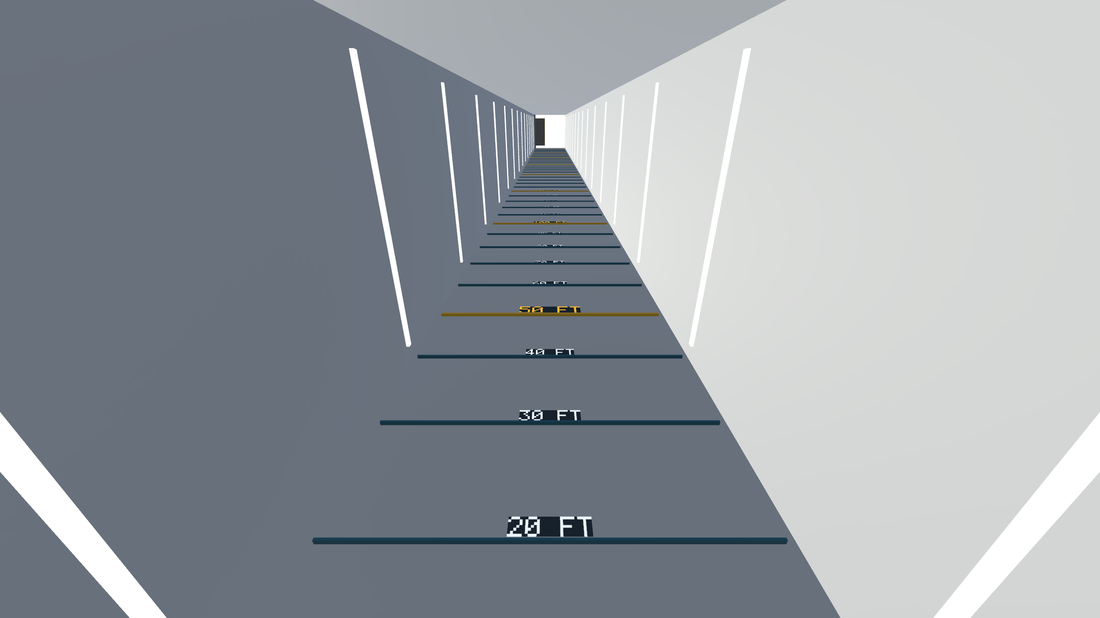 Looking up the vertical shaft past the height markers on the wall